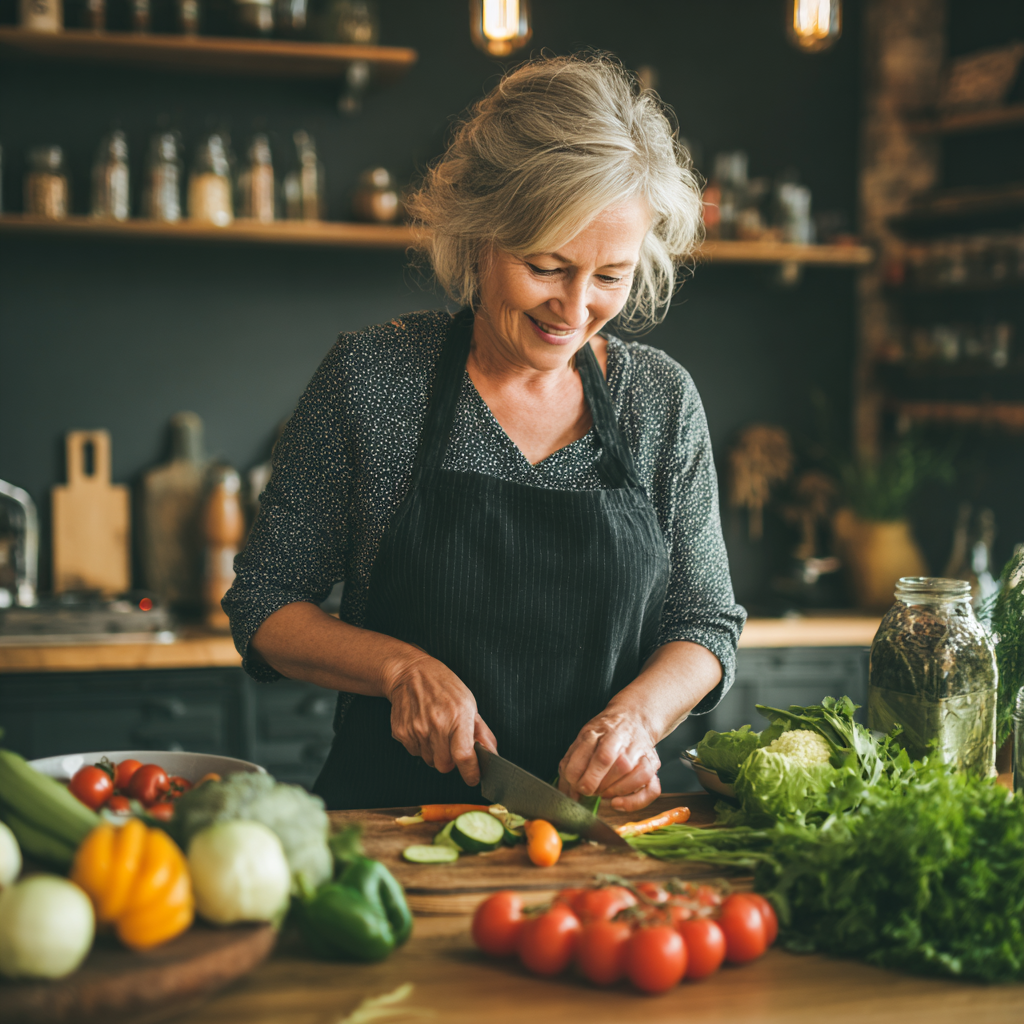 Middle-aged woman preparing healthy meal with fresh vegetables in modern kitchen