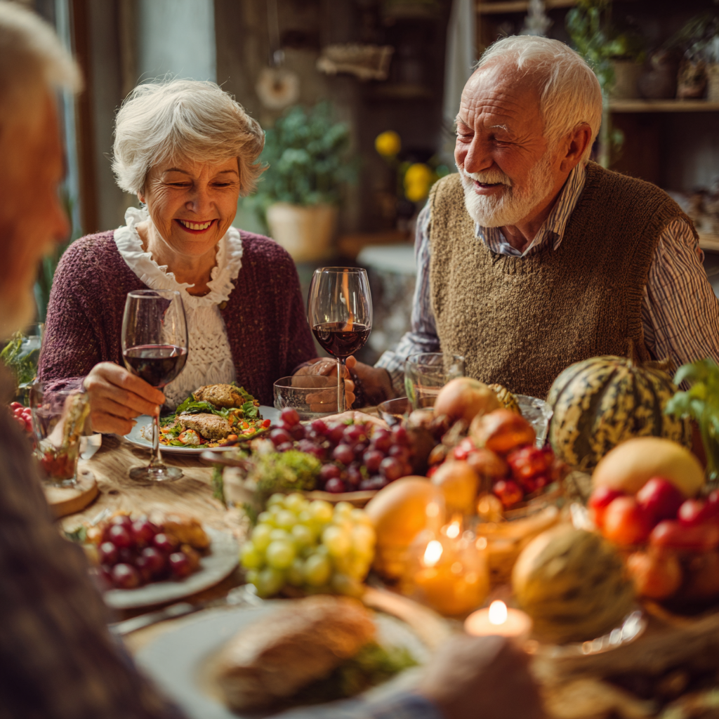 Older adults enjoying nutritious meal together at dining table with seasonal ingredients